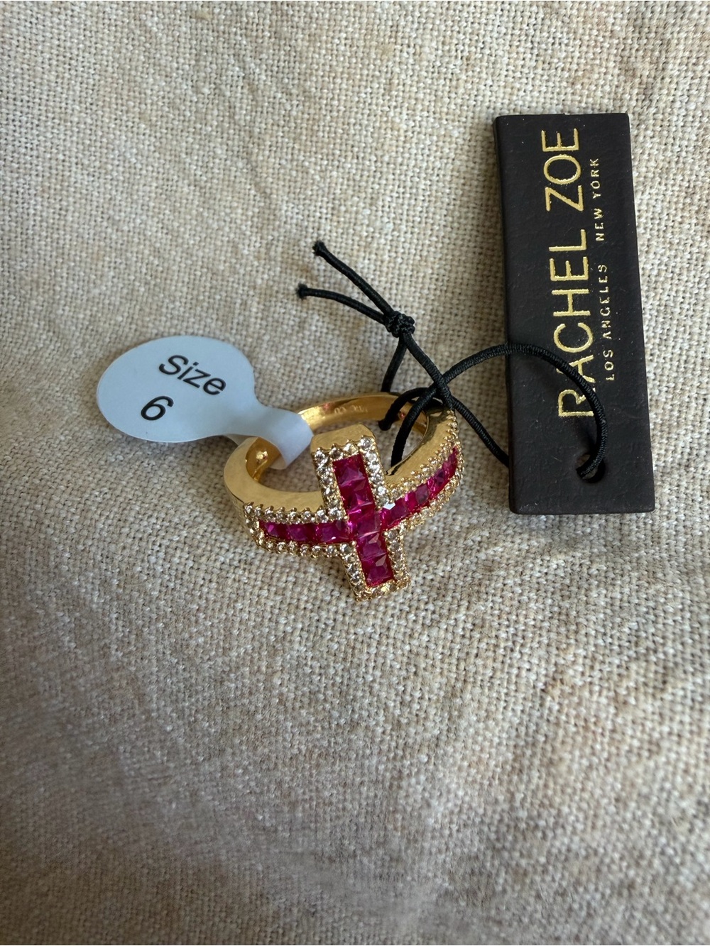 NWT~ Rachel Zoe Gold-Tone Ring with Fuchsia Cross Accent